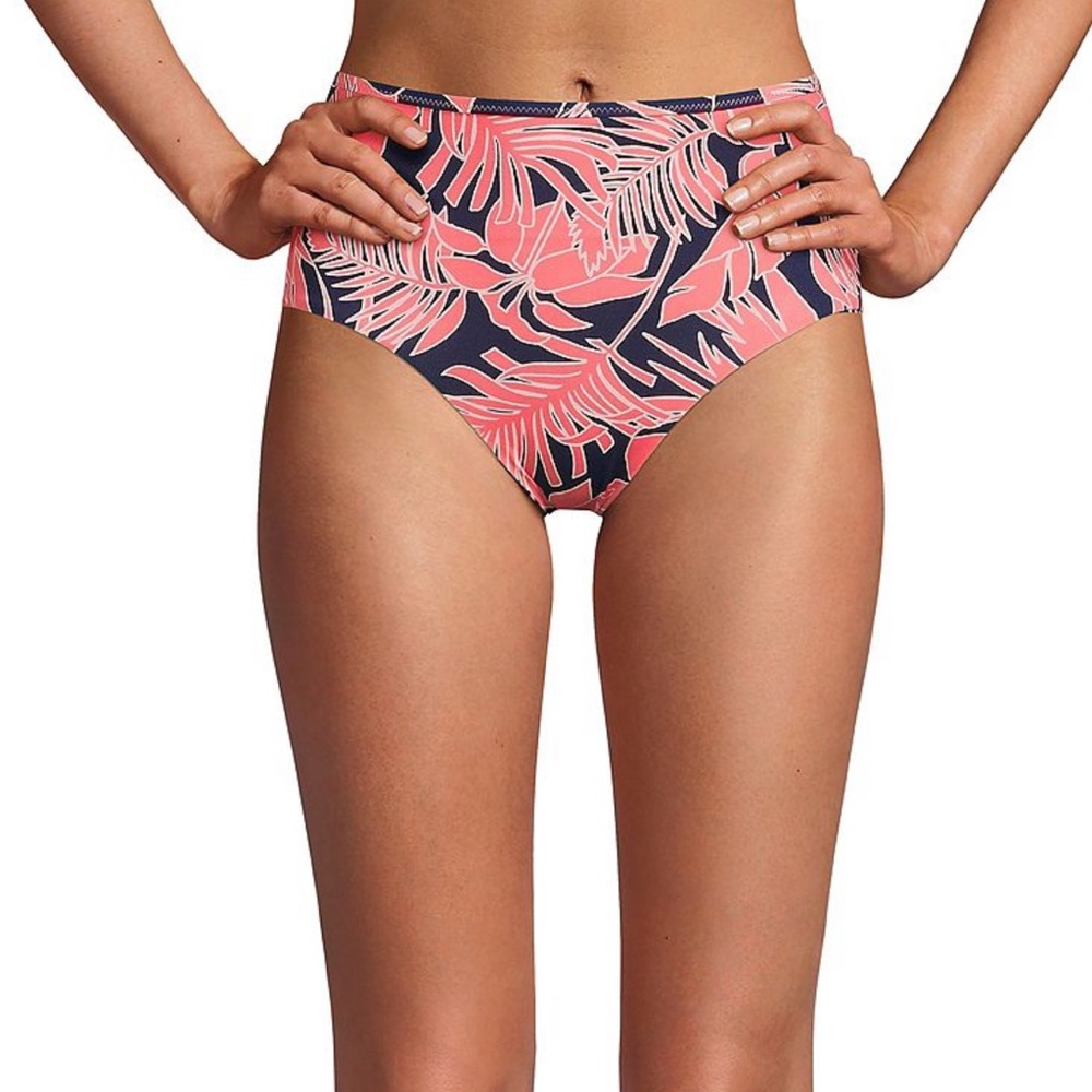 NEW Lands’ End Women’s Reversible High-Waisted Bikini Bottoms Navy/Lily Palm Mix